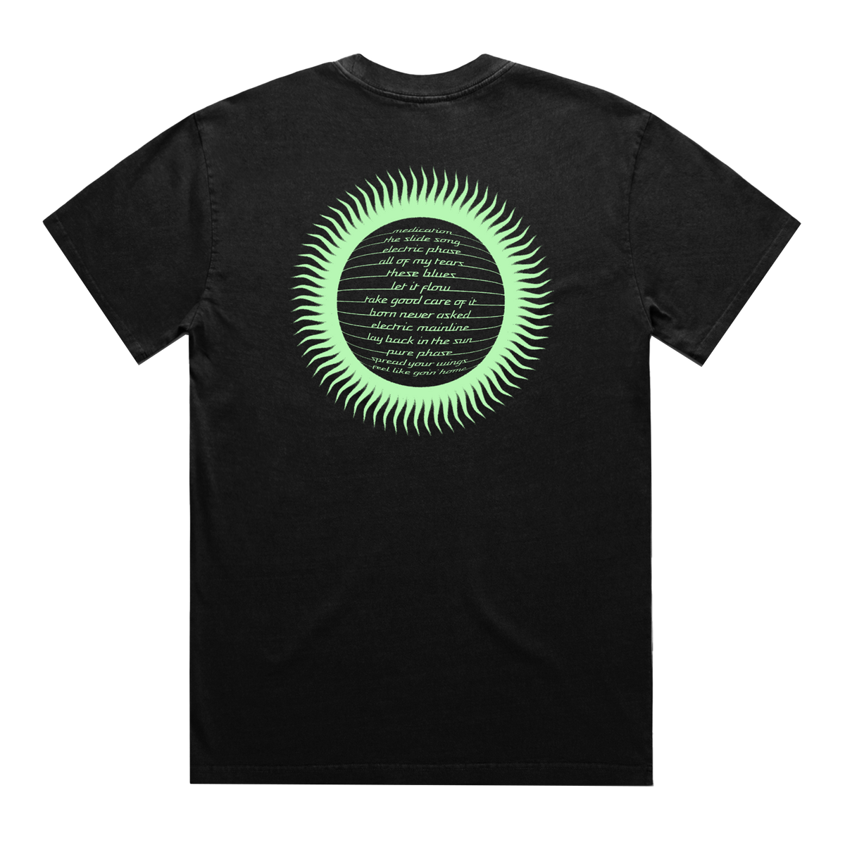 Back view of a black short-sleeve T-shirt with a glow-in-the-dark Spiritualized tracklist print across the back