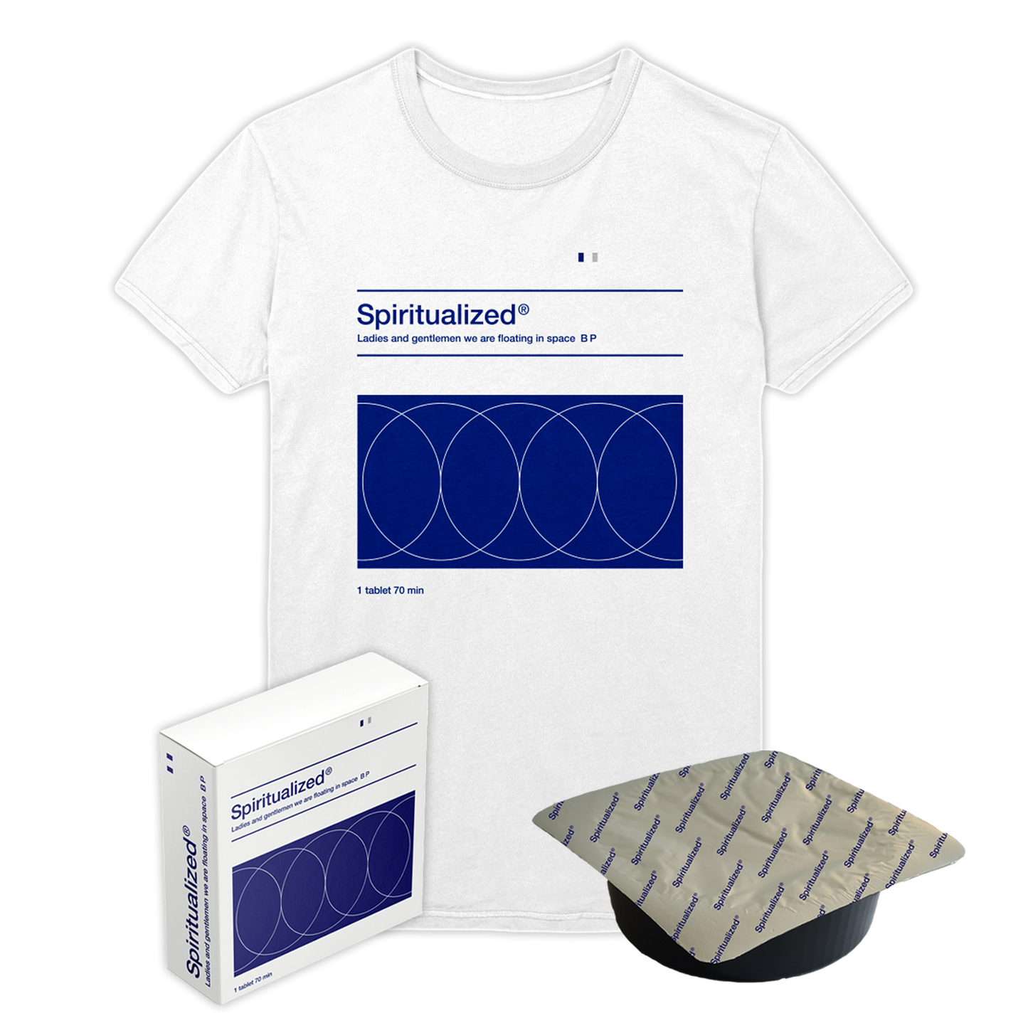 Front view of a white short-sleeve unisex T-Shirt with Spiritualized Ladies & Gentlemen print across the front