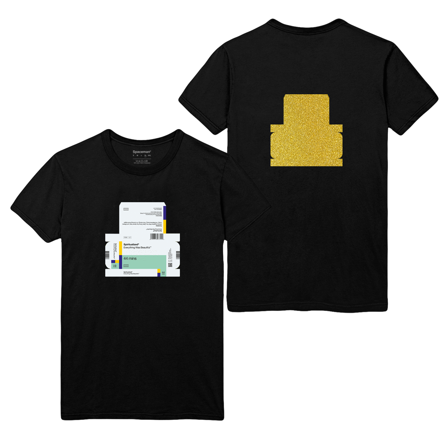 Front and back view of a black short-sleeve unisex T-Shirt with 'Everything was Beautiful' album print across the front, and gold print across the back