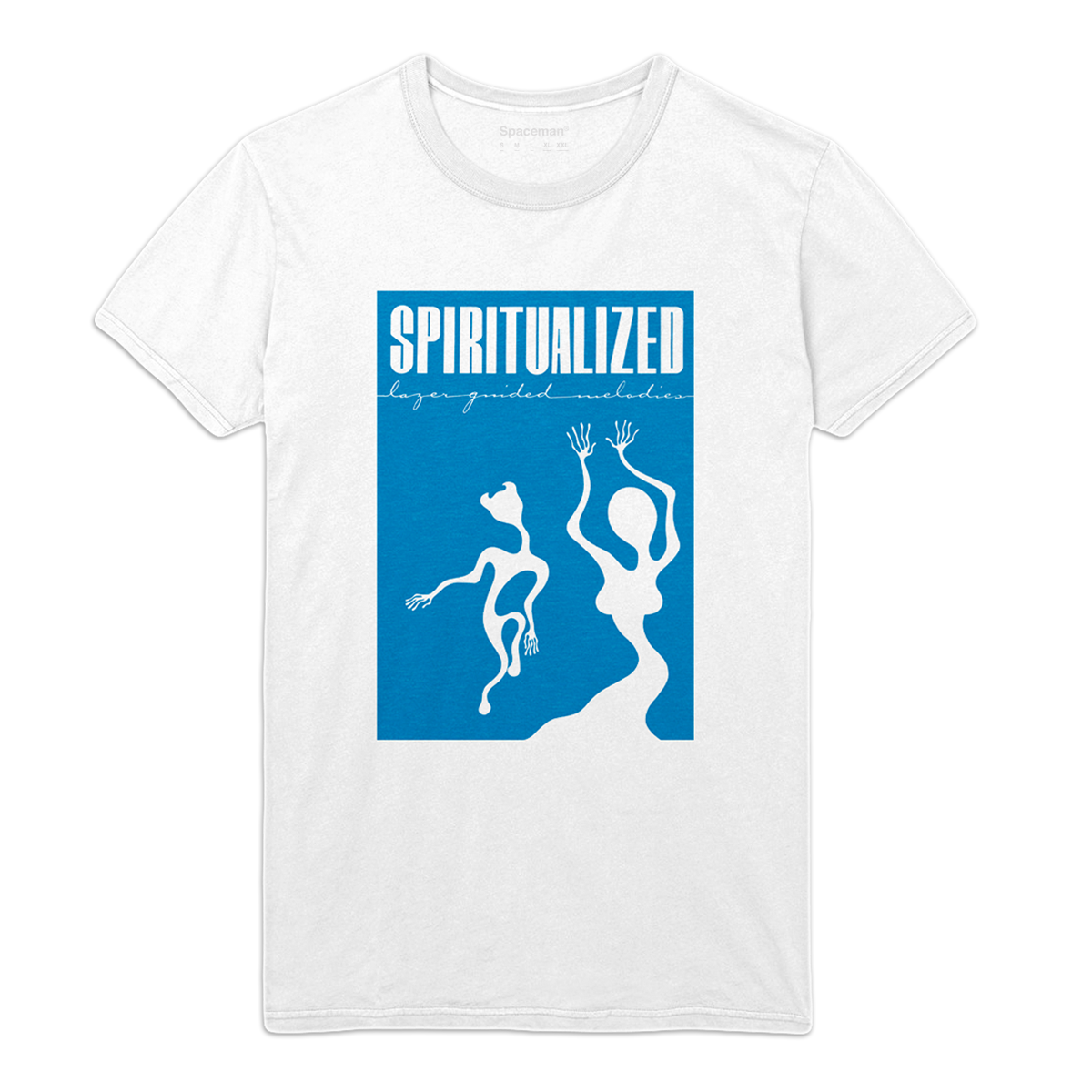 Front view of a white unisex short-sleeve T-shirt featuring a blue print of Spiritualized’s ‘Lazer Guided Melodies’ album artwork.