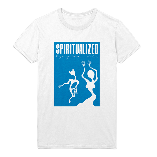 Front view of a white unisex short-sleeve T-shirt featuring a blue print of Spiritualized’s ‘Lazer Guided Melodies’ album artwork.