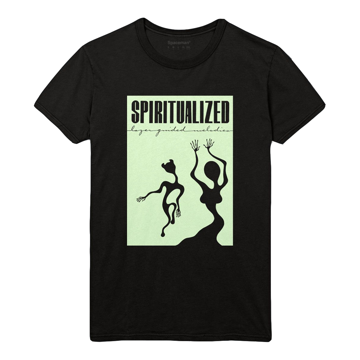 Front view of a black unisex short-sleeve T-shirt featuring a glow-in-the-dark print of Spiritualized’s ‘Lazer Guided Melodies’ album artwork.
