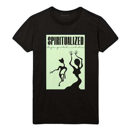 Front view of a black unisex short-sleeve T-shirt featuring a glow-in-the-dark print of Spiritualized’s ‘Lazer Guided Melodies’ album artwork.