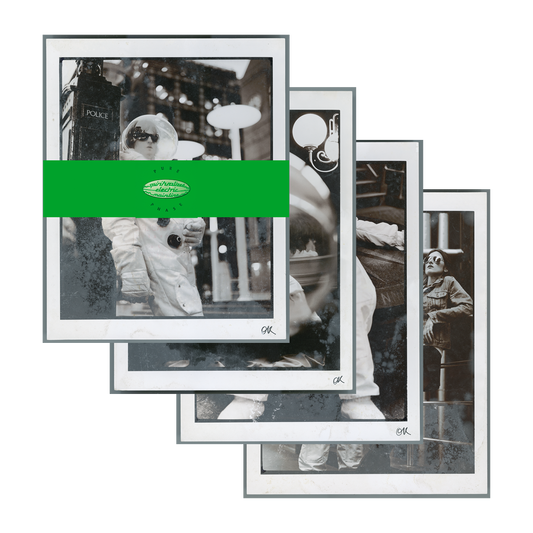 Front view of a print set in four with black and white art work inspired by Pure Phaze