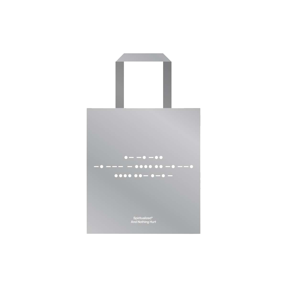 Front view of a silver tote bag with white Morse code print across the front.