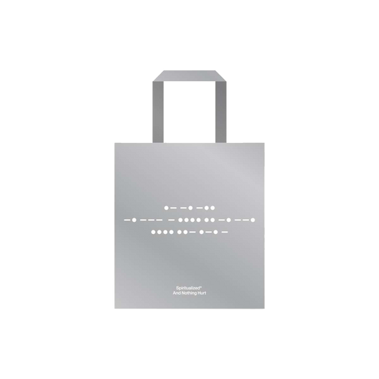 Front view of a silver tote bag with white Morse code print across the front.